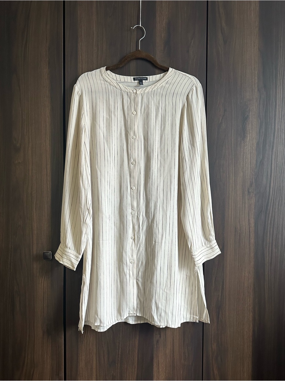 Eileen Fisher Painterly Striped Silk Long Tunic Shirt Button Down Blouse M